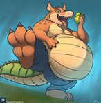 3_toes anthro belly belt big_belly bottomwear claws clothed clothing crocodile_tail ears_up fangs feet food fruit hand_on_belly holding_food holding_fruit holding_object holding_wumpa_fruit looking_at_viewer male notched_ear obese obese_anthro obese_male one_leg_up open_mouth overweight overweight_anthro overweight_male pants paws plant raised_leg solo teeth toe_claws toes tongue tongue_out topless topless_anthro topless_male wumpa_fruit tanio activision crash_bandicoot_(series) patreon dingodile canid canine canis crocodile crocodilian dingo hybrid mammal reptile scalie 2023 hi_res signature