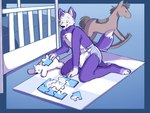 ageplay anthro blue_background carpet clean_diaper clothed clothing crib detailed_background diaper diaper_only fur happy holding_object kneeling male plushie purple_body purple_fur puzzle puzzle_piece rocking_horse roleplay simple_background sitting smile solo topless wearing_diaper white_body white_fur slusheep canid canine canis domestic_dog mammal 2019