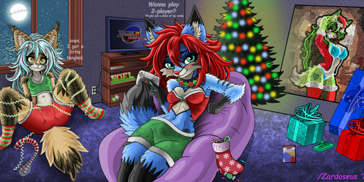 bottomwear breasts christmas_clothing christmas_decorations christmas_headwear christmas_lights christmas_tree clothed clothing condom controller duo electronics female fur gift hat headgear headwear holidays lights moon plant santa_hat sexual_barrier_device shorts tail television text tree unused_condom young zardoseus christmas sega sonic_the_hedgehog_(series) elysiah_(zardoseus) fyrah_(zardoseus) canid canine fox mammal 2025 absurd_res digital_media_(artwork) english_text hi_res