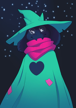 ambiguous_gender anthro black_body black_fur cloak clothing eyewear fur glasses hat headgear headwear looking_at_viewer scarf simple_background smile solo standing shiuk deltarune undertale_(series) ralsei bovid caprine darkner goat mammal 2018 absurd_res hi_res