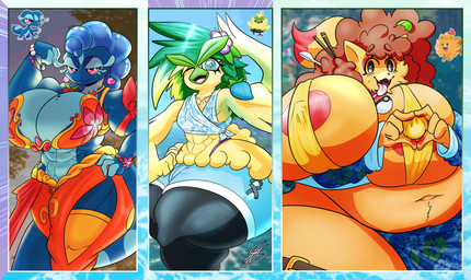abs anthro areola athletic athletic_anthro athletic_male belly biceps big_areola big_belly big_breasts bikini bikini_top blue_body breasts bulge cleavage clothed clothing female femboy flexing flexing_bicep fur gesture group hair heart_eyes heart_gesture heart_symbol huge_breasts huge_thighs hyper hyper_breasts hyper_thighs looking_at_viewer male markings mole_(marking) muscular muscular_anthro muscular_female muscular_thighs nipples nipples_visible_through_clothing orange_body orange_fur overweight overweight_anthro overweight_female pokeball smile swimwear tail thick_thighs tongue tongue_out trio two-piece_swimsuit wide_hips shieradevil nintendo pokemon pokemon_winds_and_waves fan_character unnamed_browt_(shierasword) unnamed_gecqua_(shierasword) unnamed_pombon_(shierasword) avian browt canid canine gecqua generation_10_pokemon mammal pokemon_(species) pombon reptile scalie 2026 absurd_res digital_media_(artwork) hi_res shaded