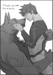 anthro barazoku blush bottomwear clothed clothing dialogue duo holding_partner human_on_anthro interspecies male male/male male_on_anthro male_on_human nose_kiss pants romantic romantic_couple text touching_noses tyabo6 canid canine canis human mammal wolf black_and_white english_text monochrome