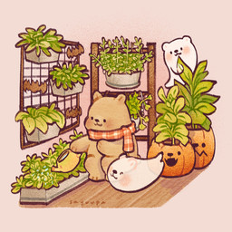 black_eyes black_nose brown_body chibi dot_eyes eyes_closed feral group plant scarf simple_eyes white_body sayuupi bear ghost mammal spirit 1:1 2021 hi_res