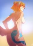 anthro bare_back biped breasts butt female looking_at_viewer looking_back nipples nude side_boob smile solo standing tail tattoo patto pheo_(aubrie) canid canine canis domestic_dog mammal hi_res