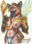 absurd_res alientiamat anthro arthropod book bottomwear bracelet breasts clothed clothing dragonfly ear_piercing female gnoll heroes_of_might_and_magic heroes_of_might_and_magic_3 hi_res hybrid hyena insect jewelry loincloth mammal might_and_magic necklace nipples piercing red_eyes rosic_(might_and_magic) simple_background solo spellbook spotted_hyena tattoo topless ubisoft white_background