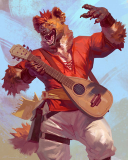 abstract_background anthro bard clothed clothing ear_piercing ear_ring fully_clothed fur hair happy lute male musical_instrument open_mouth piercing playing_music plucked_string_instrument ring_piercing simple_background solo standing string_instrument taran_fiddler brode_roaranstrum gnoll hyena mammal 2021 4:5 digital_media_(artwork) hi_res