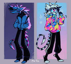 accessory ambiguous_gender anthro blue_background blue_eyes bottomwear clothing front_view frown gesture gradient_background grey_background hand_in_pocket headband heterochromia hoodie jacket miserable pants pawpads paws pink_background pink_eyes pockets purple_background simple_background slim_ambiguous slim_anthro smile solo spiked_tail spikes spikes_(anatomy) standing tail topwear waving white_body btascandalist imp mammal hi_res