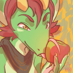 anthro apple big_ears claws closed_smile female food fruit green_body hair horn licking mouth_closed multicolored_body orange_background plant red_hair scarf simple_background smile solo tongue tongue_out two_tone_body yellow_eyes yellow_horn ocelotka mythology ray_(raywingale) dragon kobold mythological_creature mythological_scalie scalie 1:1 bust_portrait digital_media_(artwork) portrait