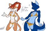 anthro bikini blue_body blue_fur clothed clothing crossdressing dialogue duo female fur golden_clothes hair male motion_lines orange_body orange_fur orange_hair simple_background swimwear two-piece_swimsuit white_background bluecoffeedog amber_(bluecoffeedog) liberty_(bluecoffeedog) canid canine canis domestic_cat domestic_dog felid feline felis mammal 3:2