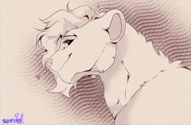ambiguous_gender feral fur hair half-closed_eyes heart_symbol looking_at_viewer looking_away narrowed_eyes short_hair side_view smile solo text textured_paper shyryp felid feline lion mammal pantherine absurd_res black_and_white english_text headshot_portrait hi_res line_art monochrome portrait sepia sketch