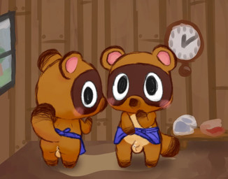 anthro blush blush_lines bodily_fluids clock clothed clothing clothing_lift duo exposed_ass flaccid foreskin genital_fluids genitals male penis precum raised_tail small_penis tail unretracted_foreskin window young young_male myrotiggy animal_crossing nintendo timmy_nook tommy_nook colored