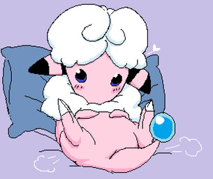 ambiguous_feral ambiguous_gender bedding bedding_background black_body blush claws emanata featureless_hands feet feral fur glistening glistening_eyes heart_symbol looking_at_viewer lying multicolored_body on_back pillow pink_blush pink_body simple_eyes solo toe_claws white_body white_fur white_wool wool_(fur) grorby nintendo pokemon flaaffy generation_2_pokemon pokemon_(species) 2026 archived_source digital_media_(artwork) full-length_portrait pixel_(artwork) portrait shaded