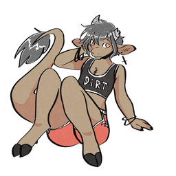 ambiguous_gender anthro big_tail biped black_chest_binder bottomwear bracelet broken_horn brown_body brown_fur chest_binder chest_tuft claws clothed clothing cross cross_ear_piercing cross_piercing dolphin_shorts ear_piercing fur grey_hair grey_horn hair hooves horn inverted_cross inverted_cross_ear_piercing inverted_cross_piercing jewelry orange_eyes piercing red_bottomwear red_clothing red_shorts short_hair shorts simple_background sitting solo tail text text_on_chest_binder text_on_clothing text_on_topwear topwear tuft underwear white_background manitka manitka_storm bovid bovine cattle mammal 1:1 2025 digital_media_(artwork) hi_res