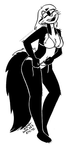 anthro bikini clothing ear_piercing ear_ring eyes_closed female fluffy fluffy_tail hair open_mouth piercing ring_piercing solo swimwear tail two-piece_swimsuit whiskers tegerio zandar's_saga kelly_o'dor mammal mephitid skunk 1:2 2025 black_and_white hi_res monochrome