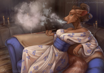 anthro asian_clothing breasts candle cigarette clothed clothing detailed_background east_asian_clothing female fur hair japanese_clothing kimono smoke smoking solo lostgoose canid canine canis mammal wolf 2019