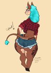 anthro big_butt blue_hair bottomwear breasts brown_body brown_fur butt butt_slap clothing curvy_figure daisy_dukes denim denim_bottomwear denim_clothing denim_shorts eyes_closed eyewear female flannel_shirt fur gesture glasses hair heart_eyes heart_symbol hotpants looking_back shorts slap slapping_own_butt slapping_self thong thong_straps underbutt underwear waving artblush holly_day_(randomnutz) bovid caprine giraffe giraffid hybrid mammal sheep digital_media_(artwork) hi_res