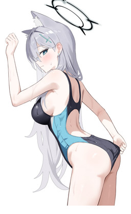 accessory black_halo blue_eyes blush bodily_fluids breasts butt clothing clothing_pull ear_piercing ear_stud eyebrow_through_hair eyebrows eyelashes female glistening glistening_body glistening_butt glistening_skin grey_hair hair hair_accessory halo inner_ear_fluff long_hair one-piece_swimsuit piercing side_boob solo sweat swimwear swimwear_pull translucent translucent_hair tuft neranainerune blue_archive shiroko_(blue_archive) animal_humanoid canid canid_humanoid canine canine_humanoid humanoid mammal mammal_humanoid wolf_humanoid 2025 absurd_res hi_res