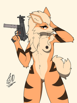 anthro bedroom_eyes breasts brown_eyes countershading curled_tail female fur fur_markings genitals gun hair hand_behind_head holding_gun holding_object holding_ranged_weapon holding_weapon humanoid_genitalia humanoid_vulva long_hair looking_away markings medium_tail mp5 mp5k narrowed_eyes navel nipples nude orange_body orange_fur pokemorph ranged_weapon seductive small_breasts solo standing submachine_gun tail tuft vulva weapon echotastrophe heckler_and_koch nintendo pokemon arcanine canid canine canis generation_1_pokemon mammal pokemon_(species) 2026 absurd_res hi_res shaded signature simple_shading