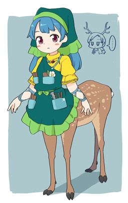 alternate_species antlers apron blue_hair blush chibi clothed clothed_taur clothing duo ellipsis female green_apron green_clothing green_headscarf hair headscarf horn jewelry looking_at_viewer necklace pockets quadruped shirt simple_background solo_focus standing taurified tools topwear yellow_clothing yellow_shirt yellow_topwear itatatata6 touhou keiki_haniyasushin yachie_kicchou deer deer_taur horned_humanoid humanoid mammal mammal_taur taur full-length_portrait hi_res portrait