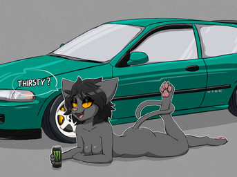 4_fingers 4_toes anthro biped black_hair breasts butt car claws collarbone covering covering_breasts covering_self dialogue digitigrade eyebrows eyelashes eyeshadow feet female female_anthro fingers fur grey_body grey_fur hair half-closed_eyes hindpaw looking_at_viewer lying makeup monster_energy_can narrowed_eyes nude nude_anthro nude_female on_front open_mouth pawpads paws pink_nose pink_pawpads pointy_ears pupils raised_head raised_leg seductive side_view slim slit_pupils smile solo speech_bubble tail tail_around_foot tail_around_leg teeth text toe_claws toes tongue vehicle yellow_sclera realnotfound honda honda_civic monster_energy shoko_(realnotfound) domestic_cat felid feline felis mammal 2025 digital_drawing_(artwork) digital_media_(artwork) english_text