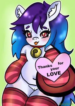 bell bell_collar blush clothing collar female feral footwear hair heart_eyes heart_symbol inner_ear_fluff looking_at_viewer multicolored_hair semi-anthro simple_background socks solo striped_sock text thanking tongue tongue_out tuft anykoe hasbro my_little_pony anykoe_(anykoe) hi_res signature