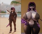 anthro before_and_after big_breasts bikini bimbofication breasts clothing eyewear female huge_breasts solo sunglasses swimwear two-piece_swimsuit haolde blender_cycles blizzard_entertainment overwatch genevieve_(lunhaadviin) 3d_(artwork) absurd_res digital_media_(artwork) hi_res