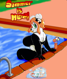 beverage big_breasts black_body black_fur breasts female food fruit fruit_slice fur green_eyes hair huge_breasts plant reflection solo summer swimming_pool text umbrella_drink water white_body white_fur danellz bear giant_panda mammal 2015 digital_media_(artwork) english_text