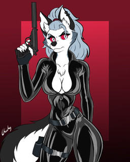 anthro belt belt_buckle breasts buckle clothed clothed_anthro clothed_female clothing ear_piercing ears_up eyebrows eyelashes female grey_hair gun hair holding_gun holding_object holding_ranged_weapon holding_weapon long_hair piercing ranged_weapon red_eyes silencer solo suit tail weapon chisheq hellaverse helluva_boss mythology loona_(helluva_boss) canid canid_demon canine demon hellhound mammal mythological_canine mythological_creature better_version_at_source hi_res