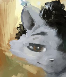 abstract_background anthro black_hair brown_eyes fur grey_body grey_fur hair looking_at_viewer male painterly smile solo key_rooki felid feline mammal character_request hi_res