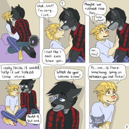 anthro barefoot bed black_hair blonde_hair blue_eyes bottomwear brown_eyes clothed clothing crossed_legs dialogue duo eye_contact eyes_closed feet fur furniture grey_body grey_fur hair hand_on_arm hand_on_chest hand_on_face hands_between_legs hesitant kissing logo looking_at_another looking_away lotus_pose male male/male on_bed page_number pajamas pants pawpads pillow pushing_away question_mark questioning sitting sitting_on_bed six_frame_image smile smiling_at_another speech_bubble tail text yellow_body yellow_fur kriek_wildebeest jeremy_(kriek_wildebeest) tom_(kriek_wildebeest) border_collie canid canine canis collie domestic_dog herding_dog husky hybrid mammal nordic_sled_dog pastoral_dog sheepdog spitz wolf 1:1 artist_logo comic english_text hi_res multiple_scenes