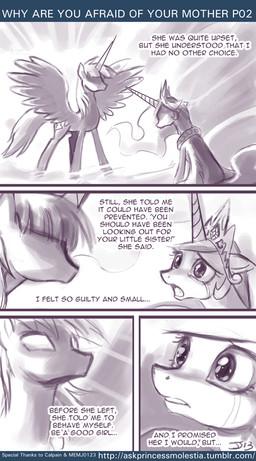bodily_fluids crown cutie_mark dialogue duo feathered_wings feathers female feral headgear horn princess quadruped royalty sitting tail tears text wings john_joseco friendship_is_magic hasbro my_little_pony mythology princess_celestia_(mlp) equid equine mammal mythological_creature mythological_equine winged_unicorn 2013 comic english_text monochrome source_request url