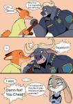 anthro arm_wrestling blush bodily_fluids clenched_teeth clothing dialogue ellipsis female fur grey_body grey_fur group heart_symbol humor long_ears male one_eye_closed police police_uniform simple_background smile sweat teeth text thought_bubble uniform bearlovestiger13 disney zootopia chief_bogo judy_hopps nick_wilde bovid bovine canid canine cape_buffalo fox lagomorph leporid mammal rabbit red_fox true_fox 2016 comic english_text