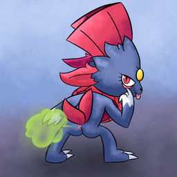 ambiguous_gender anthro black_nose bodily_fluids butt cute_fangs eyelid_pull eyelid_pull_taunt fangs fart fart_cloud fur genital_fluids gesture green_fart_cloud leaning leaning_forward looking_at_viewer looking_back looking_back_at_viewer mooning rear_view red_eyes red_tail solo tail taunting teeth tongue tongue_out white_body white_fur suplosers nintendo pokemon generation_4_pokemon pokemon_(species) weavile 1:1 2023 hi_res