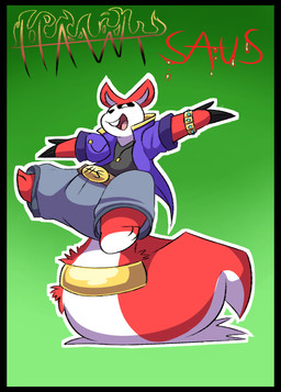 anthro belt_buckle black_border border bottomwear buckle buckteeth character_card clothing fluffy fluffy_tail gold_(metal) gold_jewelry jacket jewelry looking_at_viewer male pants solo tail teeth topwear unik chikn_nuggit hawt_saus_(chikn_nuggit) mammal rodent sciurid tree_squirrel