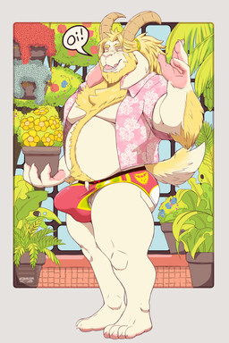 anthro barazoku beard blonde_hair bulge clothed clothing erection erection_under_clothing facial_hair flower fur greenhouse hair horn male muscular muscular_anthro muscular_male open_clothing open_shirt open_topwear outside pink_clothing pink_shirt pink_topwear plant shirt speedo standing swimwear topwear vivarium white_body white_fur baraodornelles deltarune undertale_(series) asgore_dreemurr boss_monster_(undertale) bovid caprine goat mammal 2:3 absurd_res hi_res