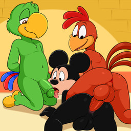 anal anal_penetration anthro anus backsack balls beak black_body butt erection feathers from_behind_position genitals glans green_body group group_sex half-closed_eyes half-erect humanoid_genitalia humanoid_penis kneeling licking male male/male male_penetrated male_penetrating male_penetrating_male narrowed_eyes navel nude open_mouth oral penetration penile penile_penetration penis penis_in_ass penis_lick raphe_(anatomy) sex smile tail teeth threesome tongue tongue_out trio lonbluewolf disney the_three_caballeros jose_carioca mickey_mouse panchito_pistoles amazon_parrot avian bird chicken galliform house_mouse mammal mouse murid murine neotropical_parrot parrot phasianid rodent true_parrot 1:1 2025 digital_media_(artwork) hi_res