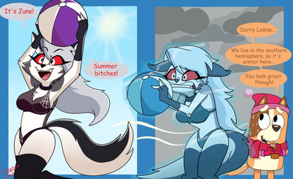 2_panel_comic anthro ball beach_ball bikini black_bikini black_clothing black_swimwear blue_border blue_sky border brown_body brown_fur clenched_teeth clothed clothed_anthro clothed_female clothing cloud cloudy_sky cold collar dialogue duo female fingerless_gloves frozen fur gloves grey_body grey_fur grey_hair grey_sky hair handwear hat headgear headwear ice inflatable long_hair midriff open_mouth open_smile orange_body orange_fur profanity red_clothing red_hat red_headwear red_scarf red_sclera scarf sky smile sun swimwear tail teeth text two-piece_swimsuit white_body white_eyes white_fur winter_clothing young starpaintart bluey_(series) hellaverse helluva_boss mythology chilli_heeler loona_(helluva_boss) canid canid_demon canine canis demon domestic_dog hellhound mammal mythological_canine mythological_creature 2025 absurd_res crossover english_text hi_res
