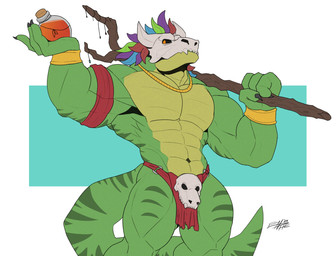 abs anthro armband biceps black_sclera blue_background bone bone_mask border bottomwear bracelet claws clothing finger_claws gold_(metal) gold_bracelet gold_jewelry holding_object holding_potion holding_stick jewelry loincloth male mask muscular muscular_anthro muscular_male navel orange_eyes pecs pose potion quads simple_background skull skull_mask solo standing stick tail triceps white_border endheriel terraria witch_doctor_(terraria) lizard reptile scalie 2026 absurd_res hi_res pinup portrait signature three-quarter_portrait