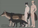 female feral flaccid foreskin genitals group male penis standing tail sctick andrew_(sctick) idris_(sctick) canid canine canis coyote humanoid mammal wolf clip_studio_paint_(artwork) digital_media_(artwork) hi_res