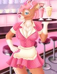 1950s anthro antlers beverage brown_body brown_fur cafe clothed clothing diner female fur hair horn ice_cream_parlor milkshake one_eye_closed parlor pink_hair restaurant serving_beverage serving_tray smile solo waiter waitress_uniform wink purpletart lexi_cerv cervine deer mammal 2022 absurd_res digital_media_(artwork) hi_res