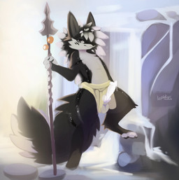 animal_genitalia animal_penis anthro balls blue_eyes bodily_fluids bottomwear bottomwear_aside canine_genitalia canine_penis clothing clothing_aside cum cum_drip dripping erection fur genital_fluids genitals grey_body grey_fur hair knot loincloth loincloth_aside looking_at_viewer male melee_weapon nude penis polearm smile solo spear step_pose tail weapon lephkas canid canine canis mammal wolf 2d_animation absurd_res animated hi_res motion_tweening no_sound short_playtime video