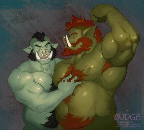 anthro armpit_hair beard belly biceps black_hair body_hair butt chest_hair deltoids duo ear_piercing ear_ring eyes_closed facial_hair facial_piercing fist flexing flexing_bicep green_body hair hairy hand_on_chest happy_trail hug intimate looking_at_another looking_at_partner male male/male manly mature_male mohawk musclegut muscular muscular_anthro muscular_male navel nipples nose_piercing nose_ring overweight overweight_anthro overweight_male pecs piercing pubes red_hair ring_piercing septum_piercing septum_ring sideburns simple_background slightly_chubby standing triceps tusks budgeart andrew_(rodrigojacobos) mammal orc pig_orc suid suine sus_(pig) wild_boar 2023 half-length_portrait hi_res portrait