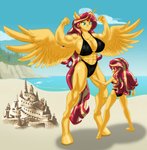 abs anthro beach big_breasts bikini breasts cleavage clothed clothing duo female horn larger_female muscular muscular_female sand_castle sculpture seaside size_difference smaller_female square_crossover swimwear two-piece_swimsuit wings ponymaan equestria_girls hasbro my_little_pony mythology sunset_shimmer_(eg) equid equine human mammal mythological_creature mythological_equine winged_unicorn absurd_res hi_res