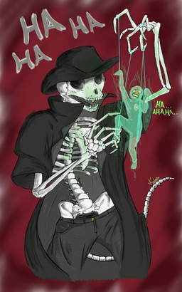 ambiguous_gender anterior_nasal_aperture bodily_fluids bone clothing coat crying duo hat headgear headwear laugh marionette muscular puppet skeleton soul tears text topwear kbiscuitcat animated_skeleton undead 5:8 digital_media_(artwork) hi_res