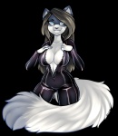 anthro blue_eyes breasts brown_hair clothing female fur hair leather long_hair looking_at_viewer simple_background skinsuit smile solo tight_clothing transparent_background undressing white_body white_fur zipper infected-ellis canid canine domestic_cat felid feline felis mammal 2016 alpha_channel