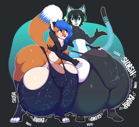 anthro athletic athletic_male ball_bra ball_bulge ball_fondling balls balls_touching big_balls big_butt big_penis black_hair blue_eyes blue_hair bra breasts butt chest_tuft clothing crop_top duo femboy fondling genitals green_eyes green_hair gynomorph hair huge_balls huge_butt huge_penis huge_thighs humanoid_genitalia humanoid_penis hung_femboy hyper hyper_balls hyper_genitalia intersex legwear looking_at_another male penis penis_fondling shirt simple_background sloshing_balls smile tail thick_thighs thigh_highs topwear tuft underwear wastedtime bleok jackson_barker canid canine felid feline fox mammal hi_res
