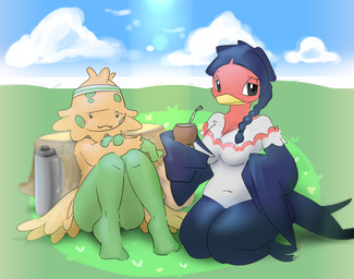 accessory anthro beak beverage black_eyes blue_body blue_feathers blue_hair braided_hair breasts brown_body cleavage clothed clothing container cup duo feathers feet female field hair headband kneeling outside plant red_body red_feathers side_braid sitting talons thermos toes tree_stump elpatrixf nintendo pokemon schumacher_(elpatrixf) taragui_(elpatrixf) avian elemental_creature elemental_humanoid flora_fauna generation_3_pokemon humanoid plant_humanoid pokemon_(species) shroomish taillow