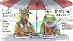 anthro clothing duo eating feral fur green_body hat headgear headwear male orange_body orange_fur slightly_chubby summer text umbrella visor_cap katamichi nintendo pokemon star_fox fox_mccloud slippy_toad amphibian arthropod canid canine crab crustacean decapoda fox frog generation_1_pokemon kingler malacostracan mammal marine pokemon_(species) toad_(frog) english_text hi_res japanese_text