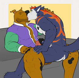 anthro anthro_on_anthro balls bodily_fluids bottomless butt clothed clothing duo erection eyes_closed frottage furniture genital_fluids genitals glans humanoid_genitalia humanoid_penis kissing male male/male muscular muscular_male nipples nude on_lap pecs penile penis penises_touching precum sex simple_background sitting sitting_on_lap sofa tail doost hanna-barbera scooby-doo_(series) scooby-doo canid canine canis domestic_dog great_dane mammal mastiff molosser 2024 hi_res