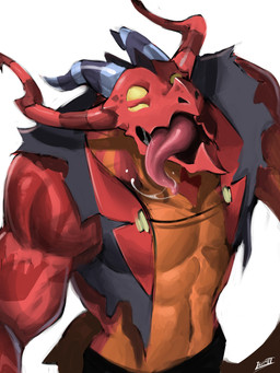 anthro bodily_fluids horn looking_at_viewer male multi_eye muscular muscular_male saliva simple_background solo tongue tongue_out white_background lumii hellaverse helluva_boss mythology satan_(helluva_boss) demon dragon mythological_creature mythological_scalie scalie 2024 3:4 absurd_res digital_drawing_(artwork) digital_media_(artwork) hi_res